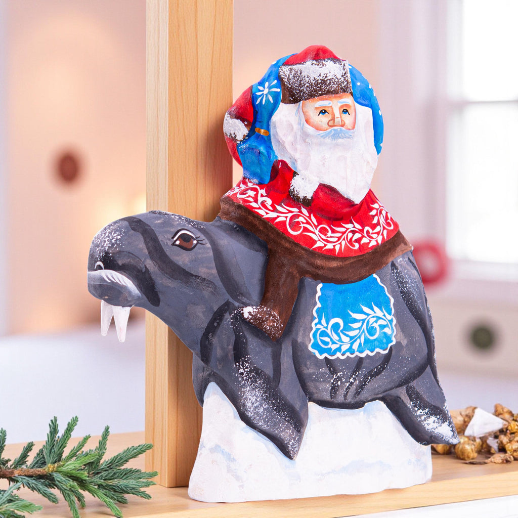 Hand Carved Wooden Santa Claus on Walrus - Christmas Figurine