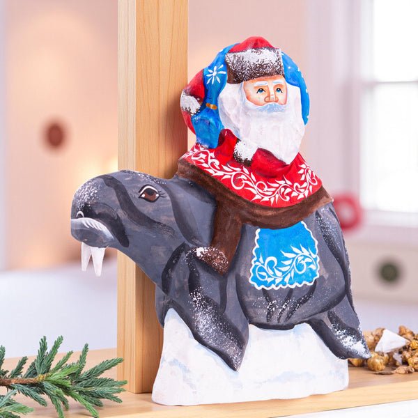 Hand Carved Wooden Santa Claus on Walrus - Christmas Figurine