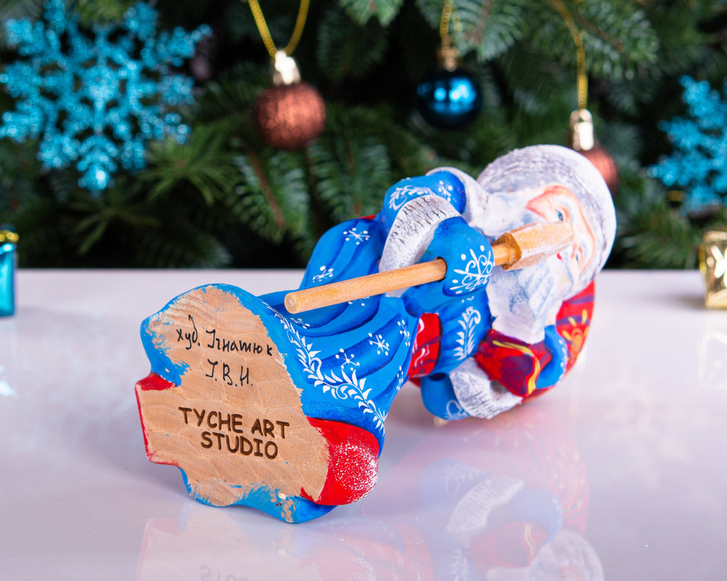 Hand carved blue Santa wooden figurine 7.9 inch, gift sack and staff, centerpiece
