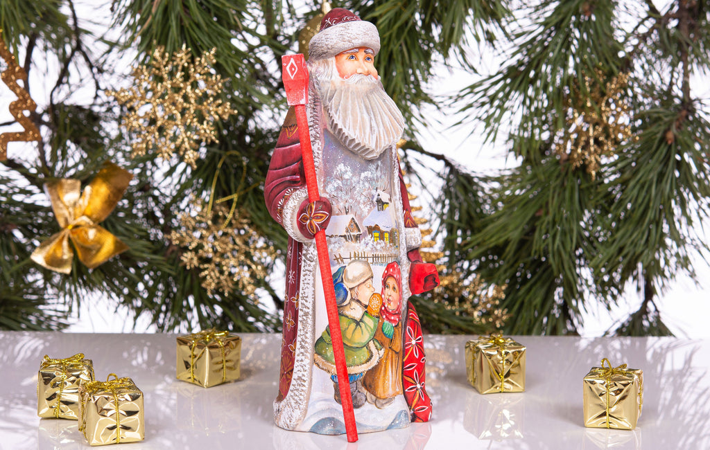 Kris Kringle hand carved wooden figurine 9 inch, gift sack & staff, Christmas home accent