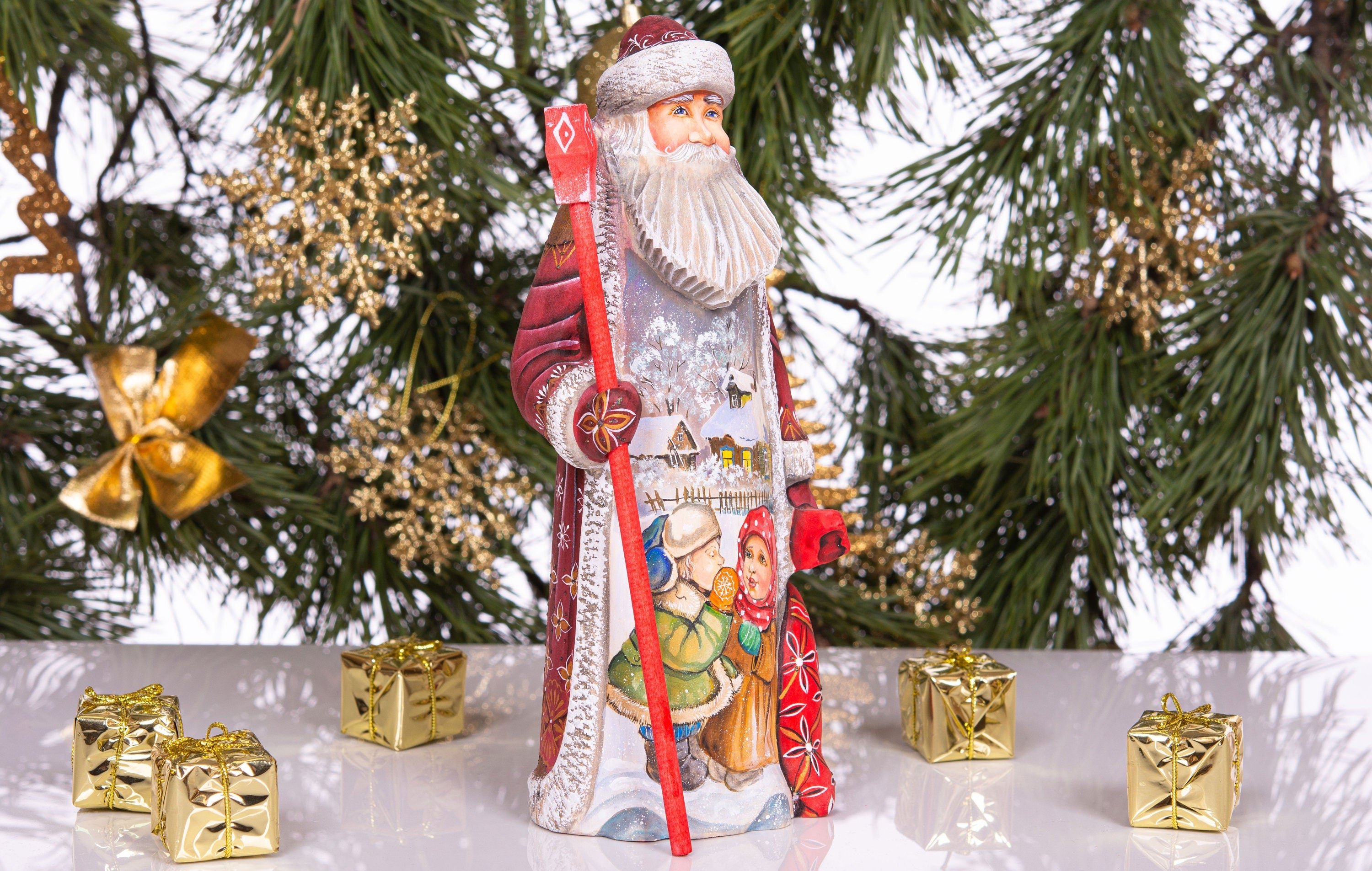 Kris Kringle hand carved wooden figurine 9 inch, gift sack & staff, Christmas home accent