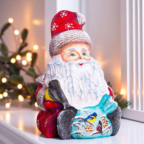 Hand carved wooden Santa figurine 5.1 inch, winter birds scene, mantel display