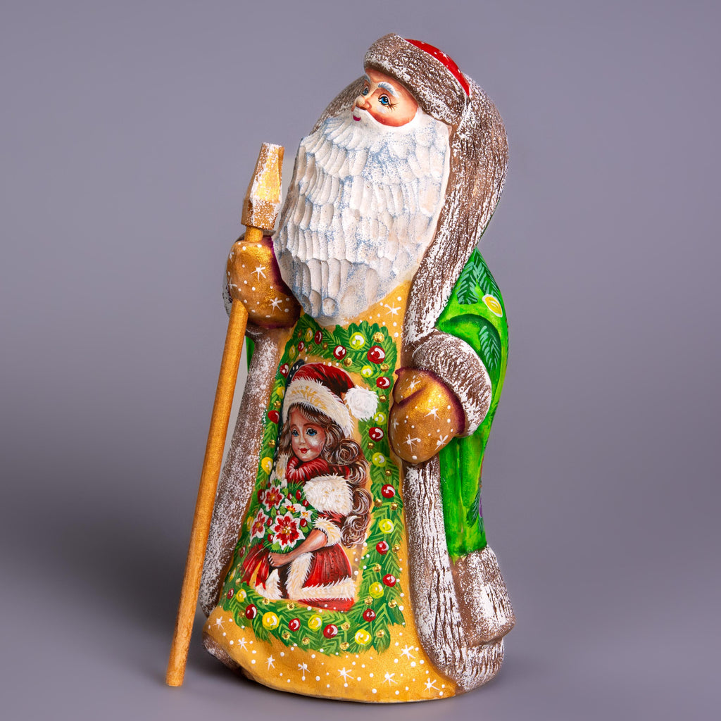 Hand Carved Wooden Santa Figurine: Green Coat, Christmas Holiday Door Scene