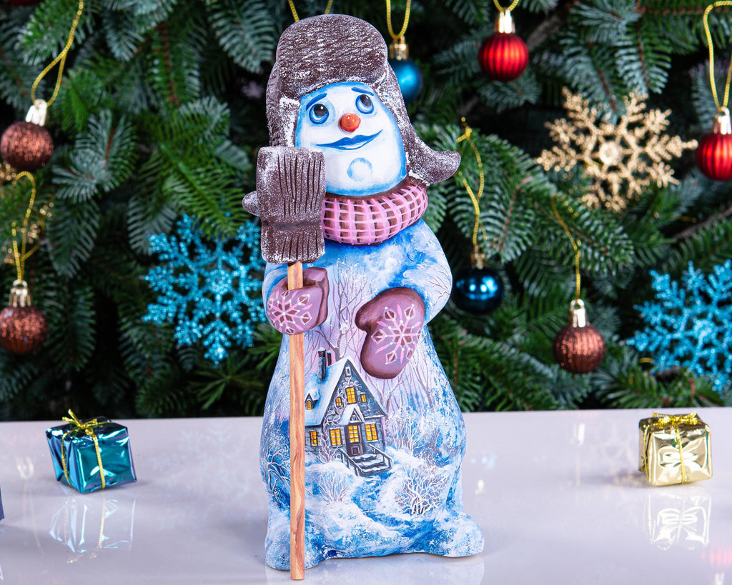 Collectible snowman figurine with broom, folk art mantel decor, 9 inch