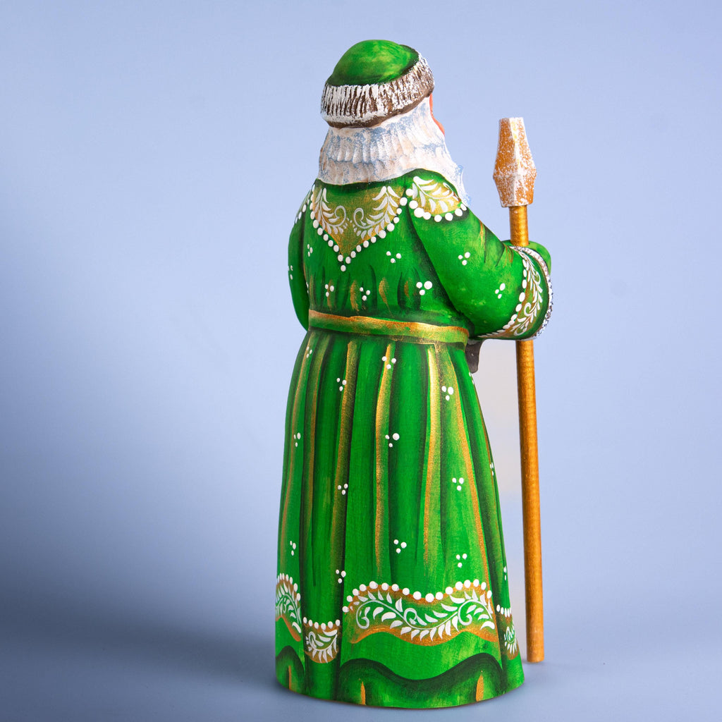 Santa figurine with cat and staff, hand painted carved wood, 9.1 inch