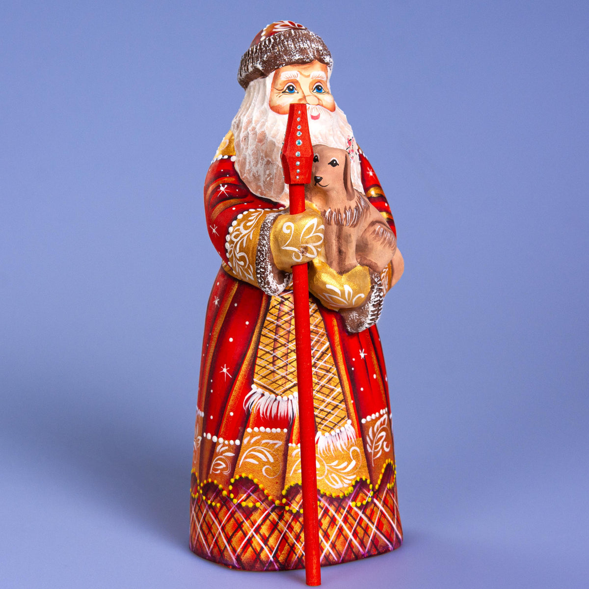 Hand Carved Wooden Santa Claus Figurine with Dog: Hand-Painted Christmas Decor