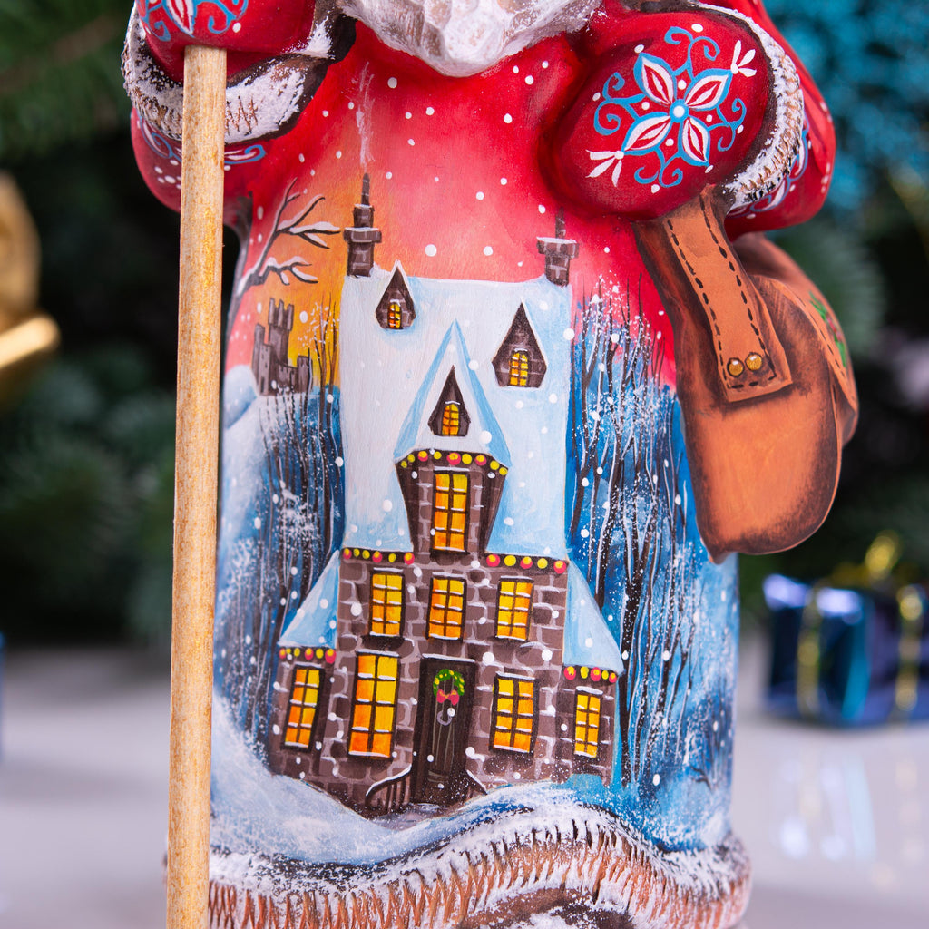 Red Santa Claus Figurine with Staff and Bag, Hand Painted Wood Christmas Decor with Snowy Landscape, Holiday Gift for Home or Collection