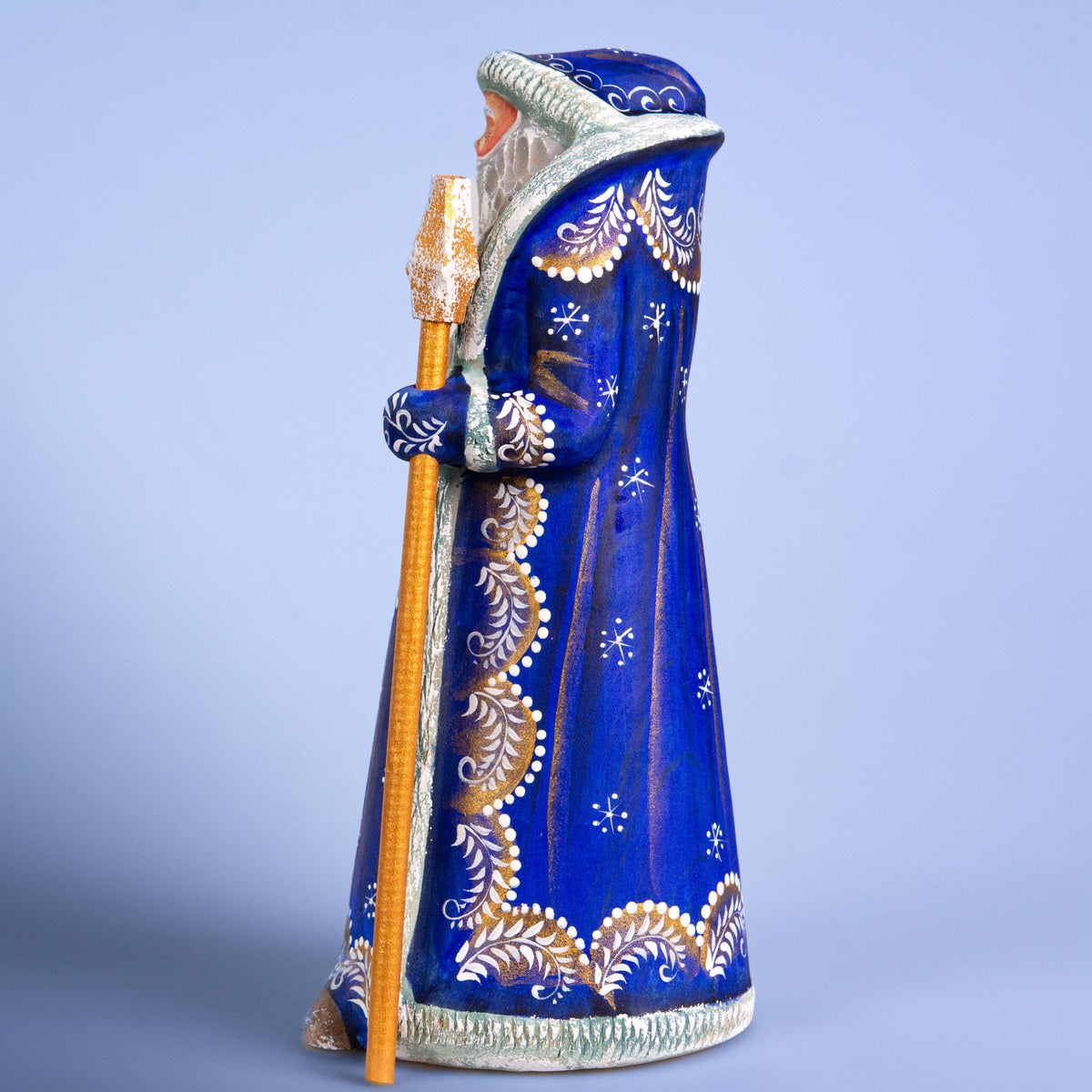 Blue Father Christmas figurine with staff, hand painted, 8.7 inch