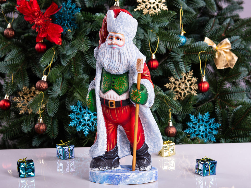 Grand Santa Claus wood statue, red coat mantel centerpiece, 12.2 inch
