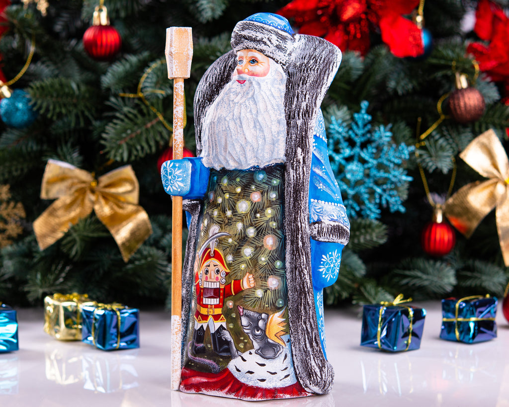 Hand carved wooden Santa figurine 9.4 inch, Nutcracker scene, blue coat, holiday mantel display