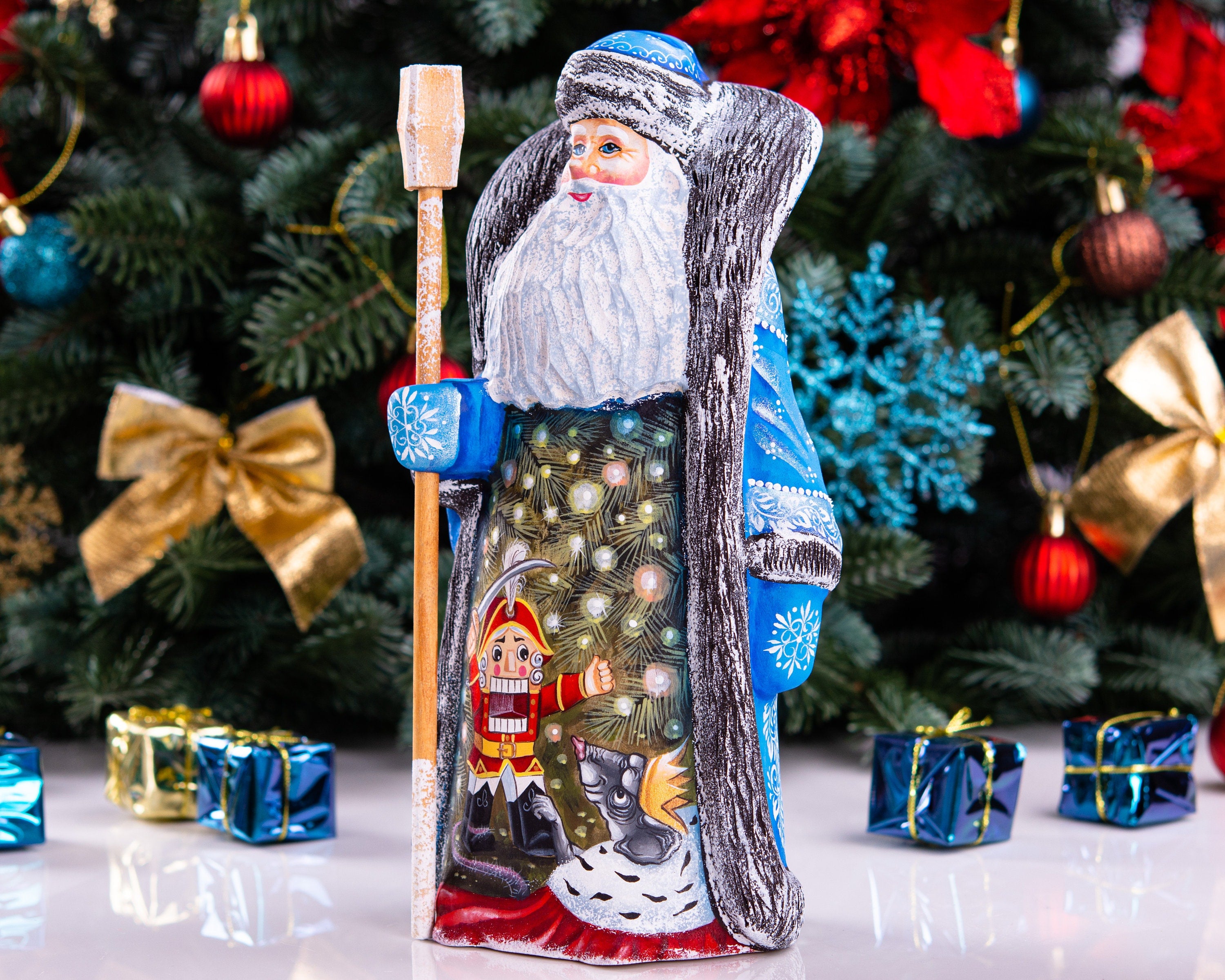 Hand carved wooden Santa figurine 9.4 inch, Nutcracker scene, blue coat, holiday mantel display