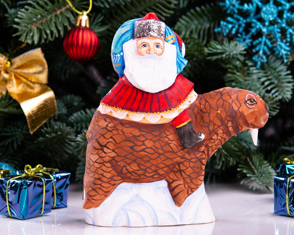 Old World Santa wooden figurine 5.9 inch, walrus arctic scene display