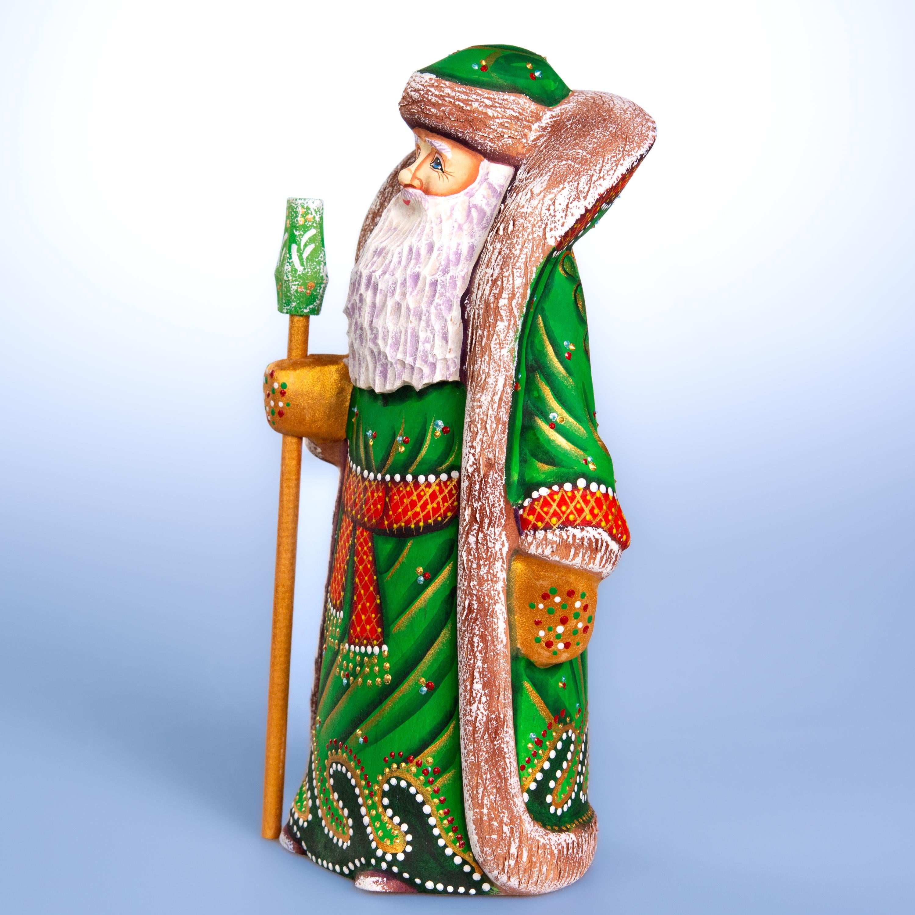 Hand carved Santa wooden figurine 9.5 inch, green coat mantel decor