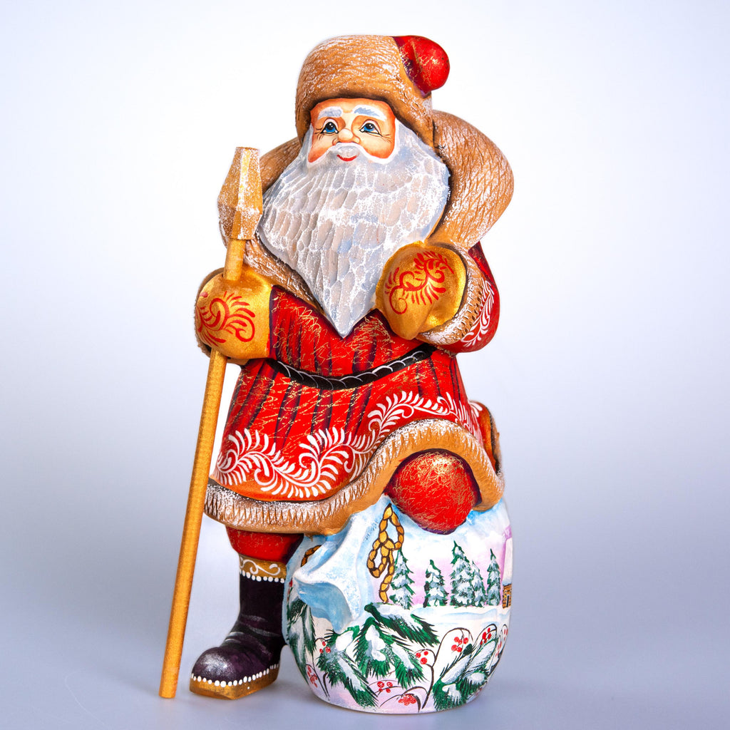 Hand carved Santa wooden figurine 9.7 inch, winter birds village scene