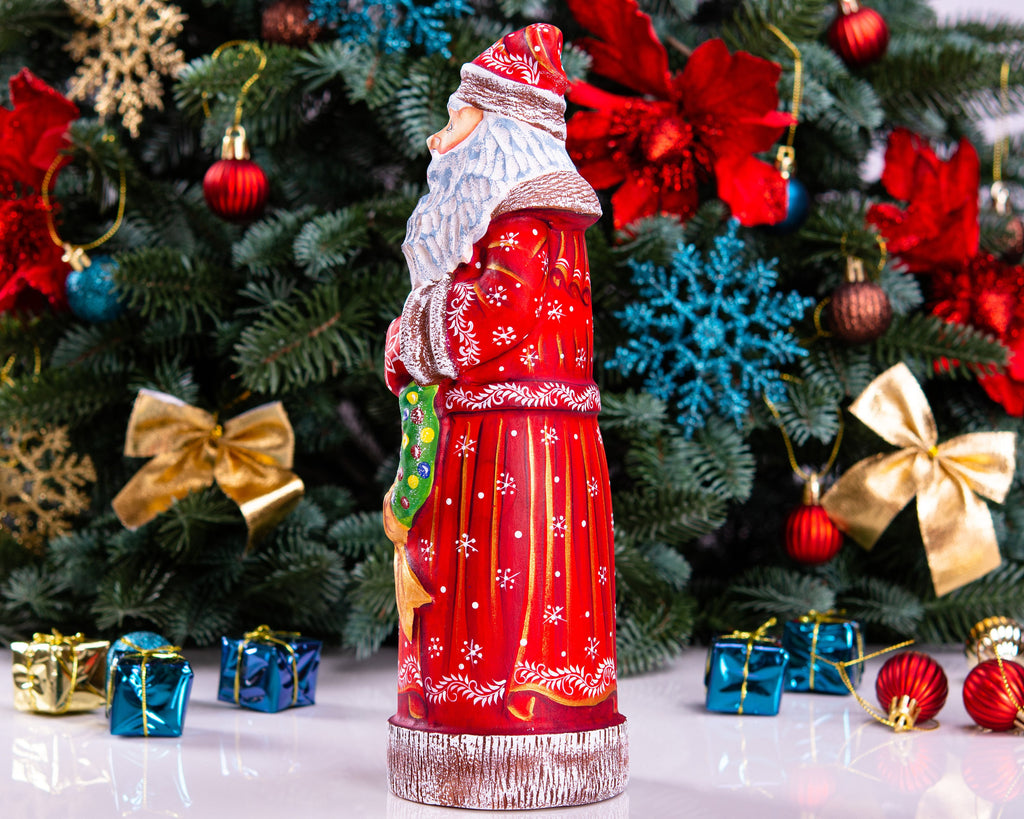 Hand carved Santa wooden figurine 11.4 inch, wreath Christmas decor