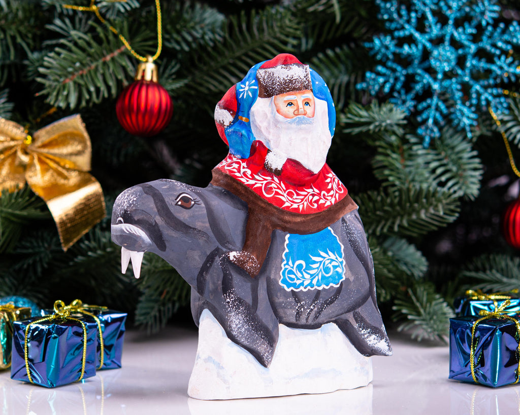 Hand Carved Wooden Santa Claus on Walrus - Christmas Figurine