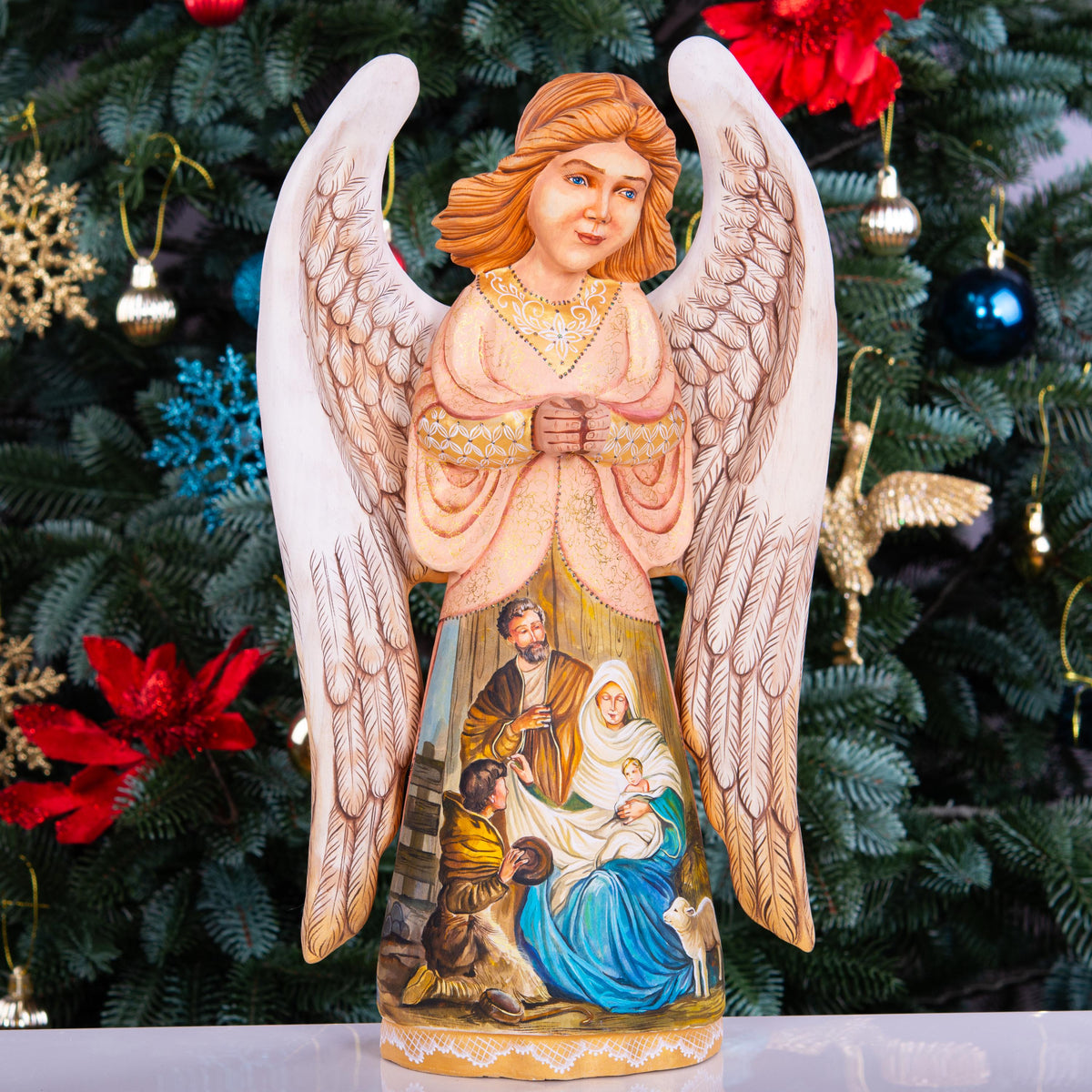 Hand Carved Wood Angel Statue: Nativity Art, Christian Decor