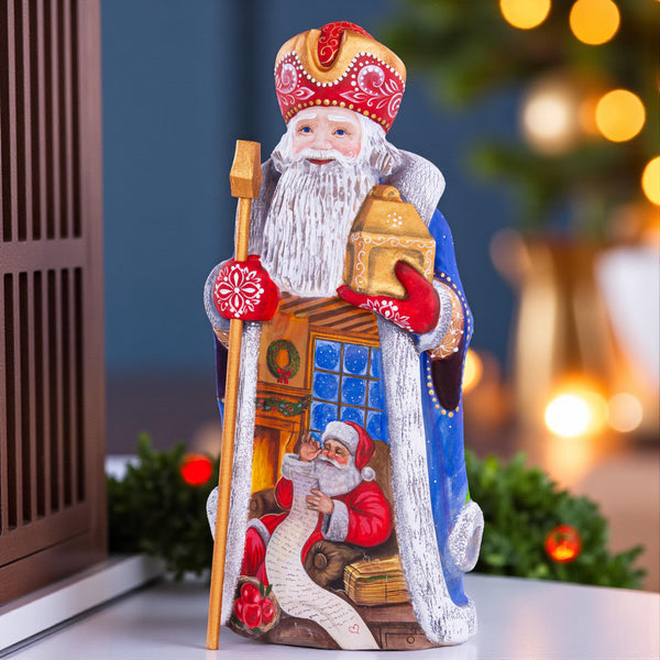 Large Santa Claus figurine, artisan hand painted carved wood, 11.8 inch