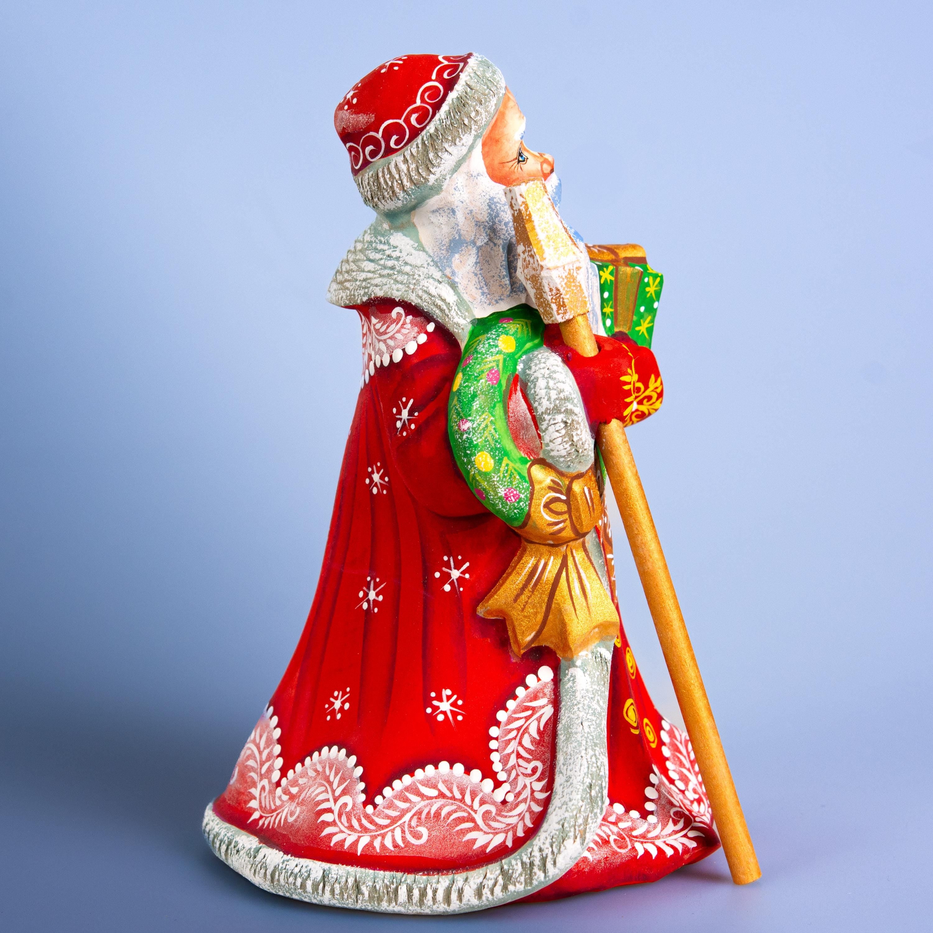 Father Christmas wooden figurine 7 inch, gift in hand, tabletop centerpiece, folk art