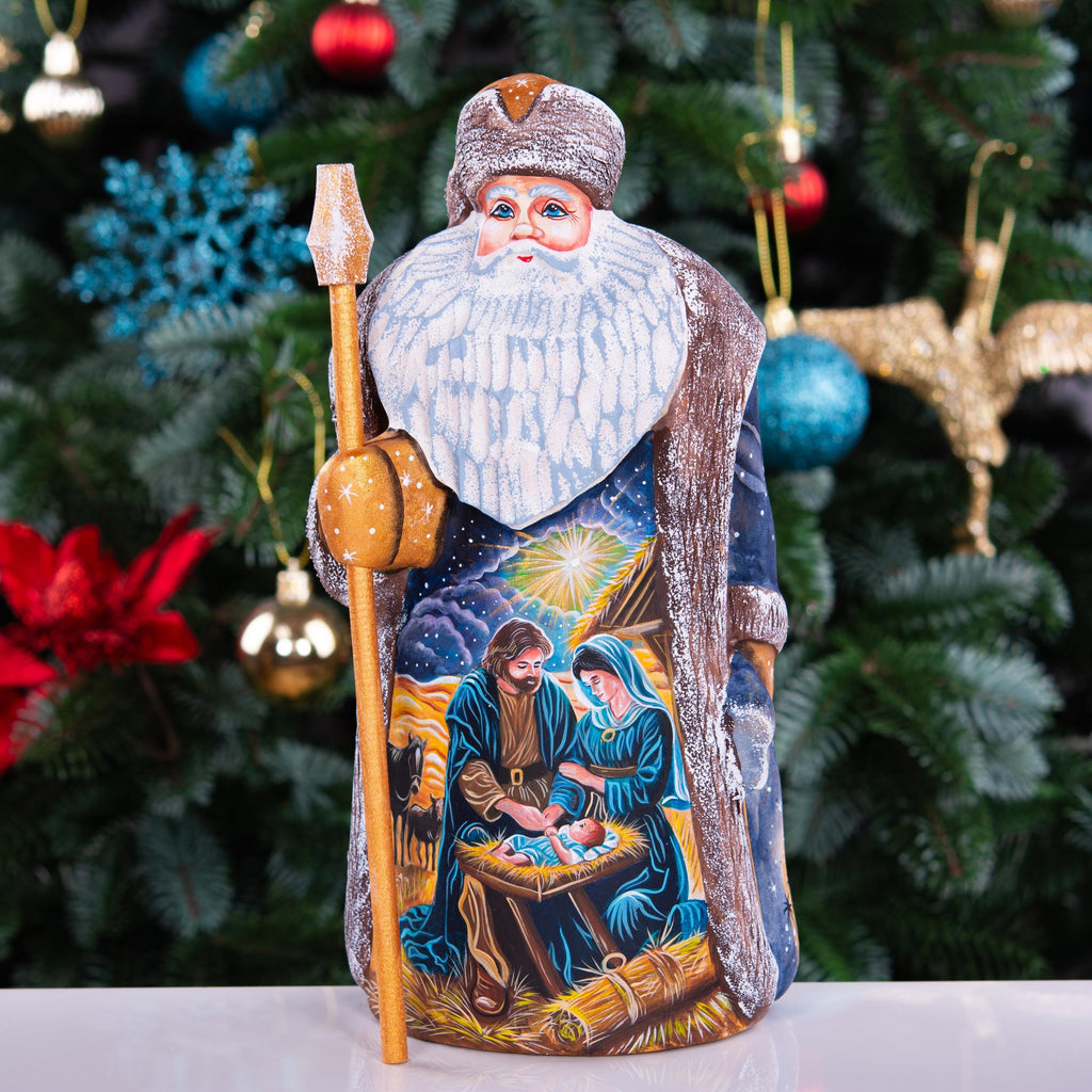Santa Figurine 9", Holy Night Nativity, Hand Carved Wood