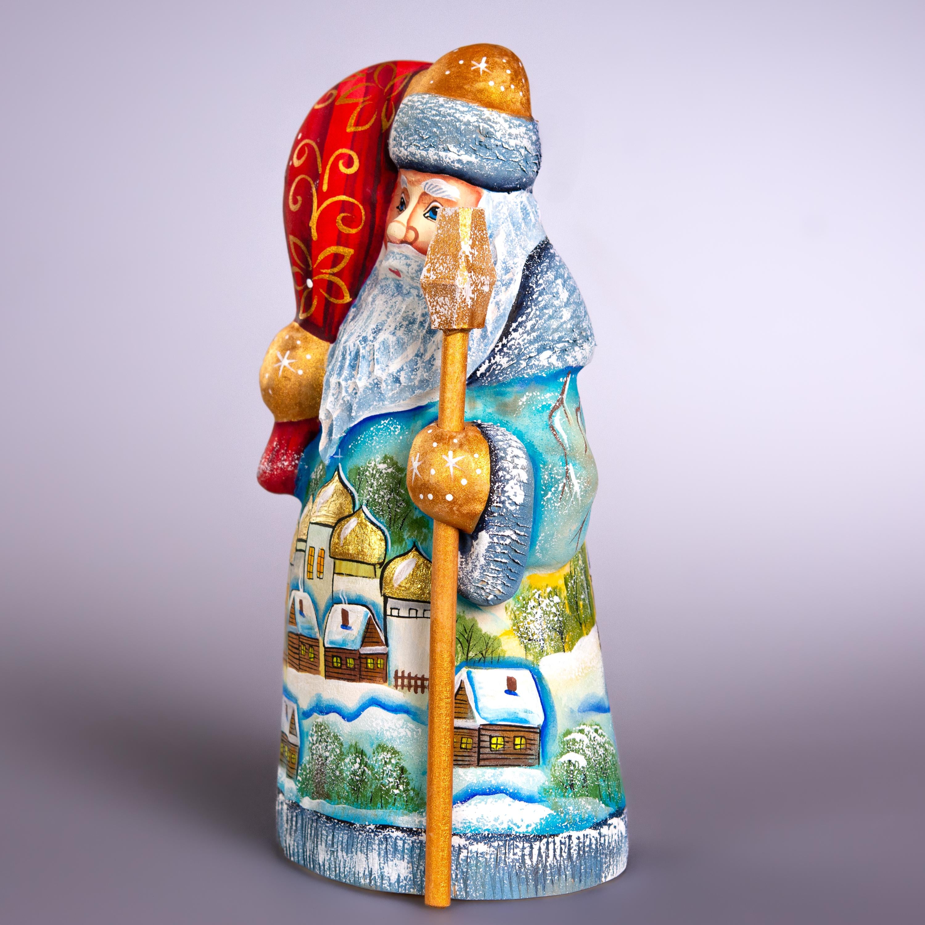 Hand Carved Santa Figurine 8 inch: Snowy Village, Golden Church - Signed Collectible