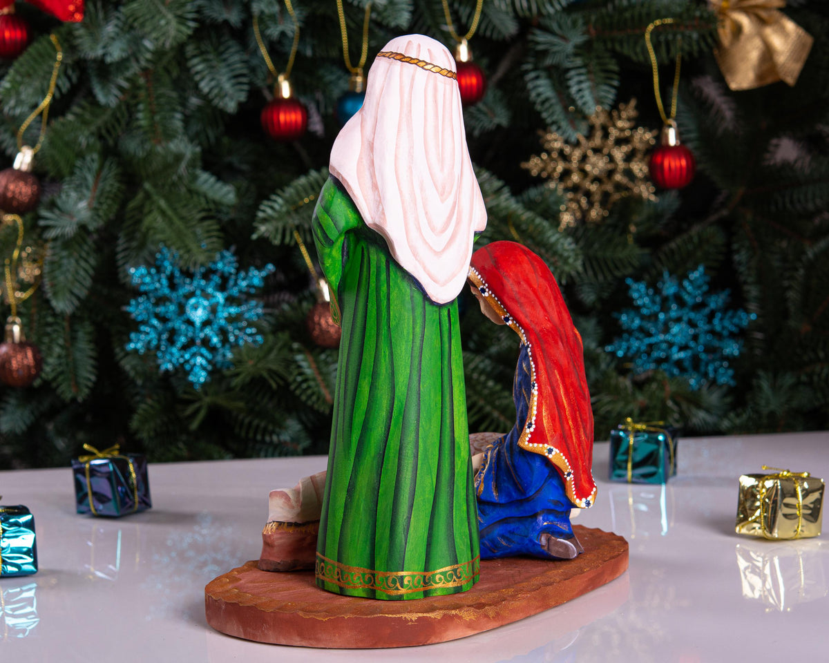 Holy Family Figurine 9.4", Hand Painted Wood, Manger Scene, Christian Mantel Decor