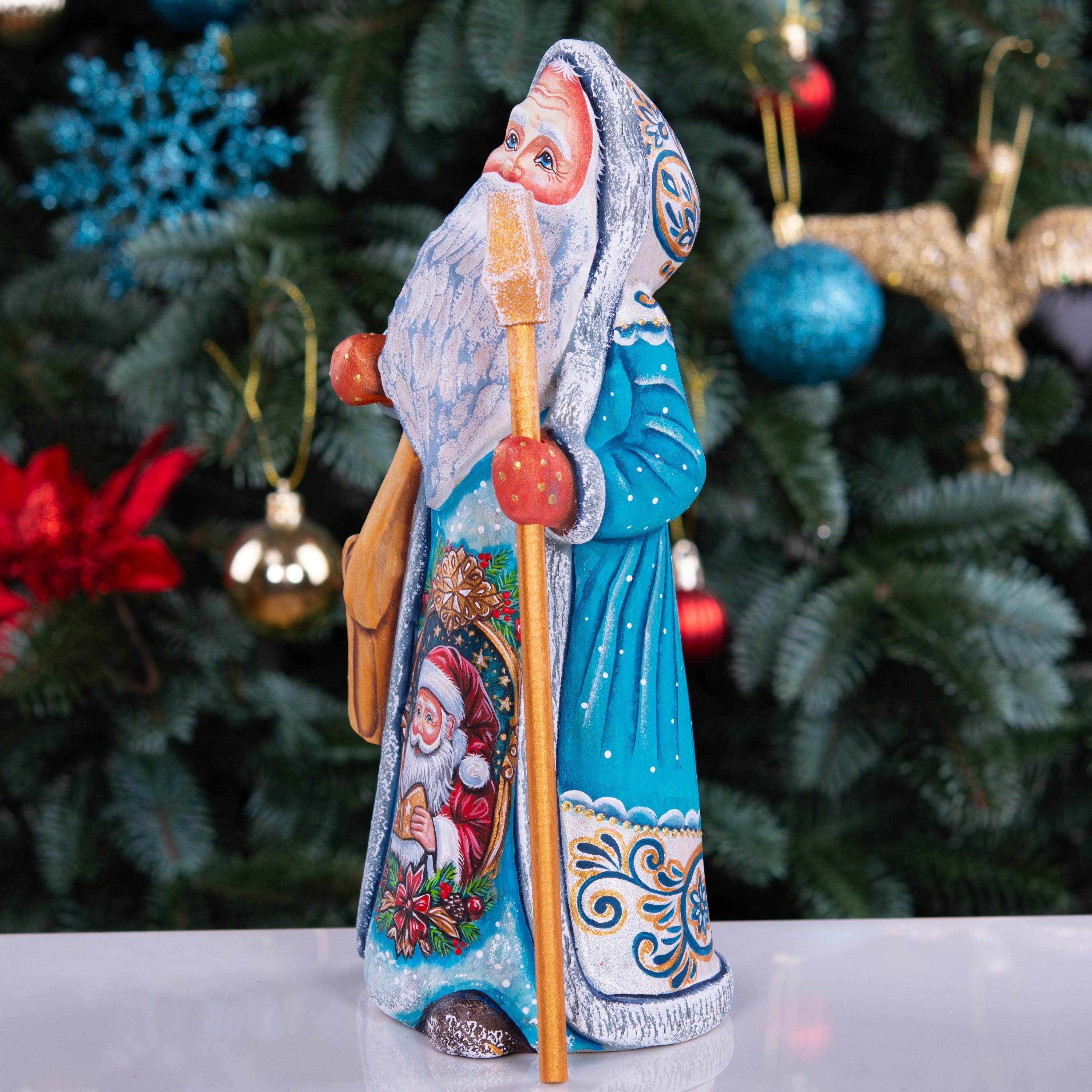 Wooden Santa Figurine Hand Carved 8.7" – Hooded Blue Father Christmas