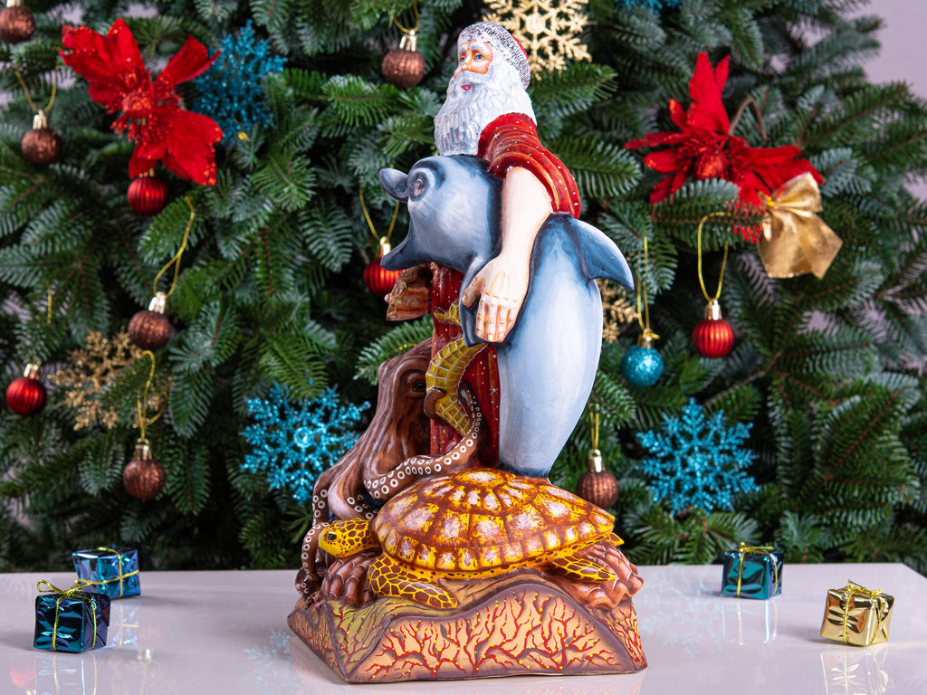 Hand-Carved Wooden Santa Claus Figurine: Ocean Theme Christmas Decor