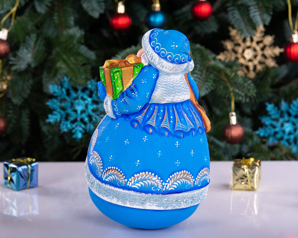 Hand carved blue Santa wooden figurine 7 inch, gift boxes, Christmas mantel decor