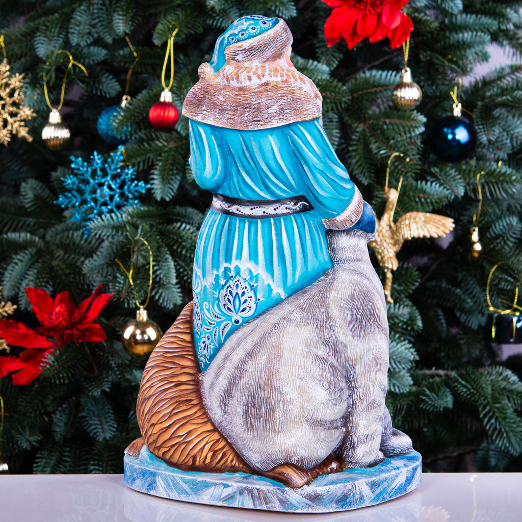 Hand carved Old-World Santa wooden figurine 14 inch, Arctic wildlife scene, mantel decor