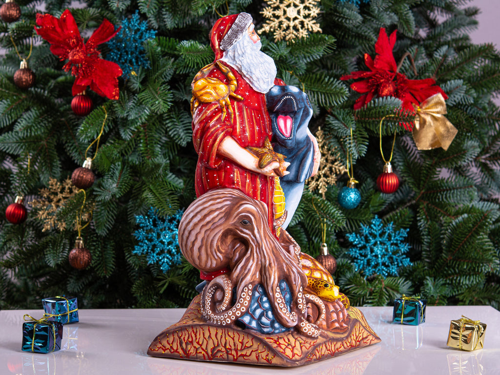 Hand-Carved Wooden Santa Claus Figurine: Ocean Theme Christmas Decor