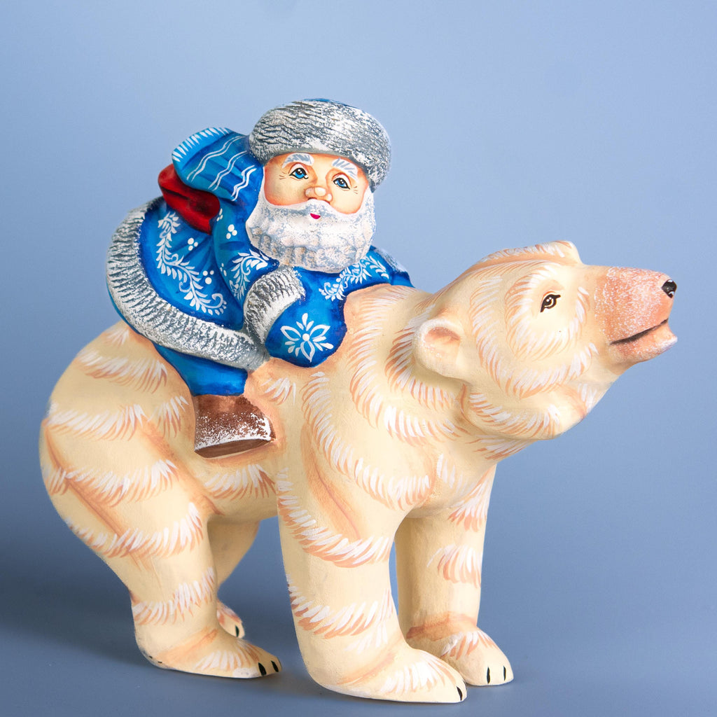 Old World Santa Riding Bear Figurine 9 inch Long, Hand Carved Wood