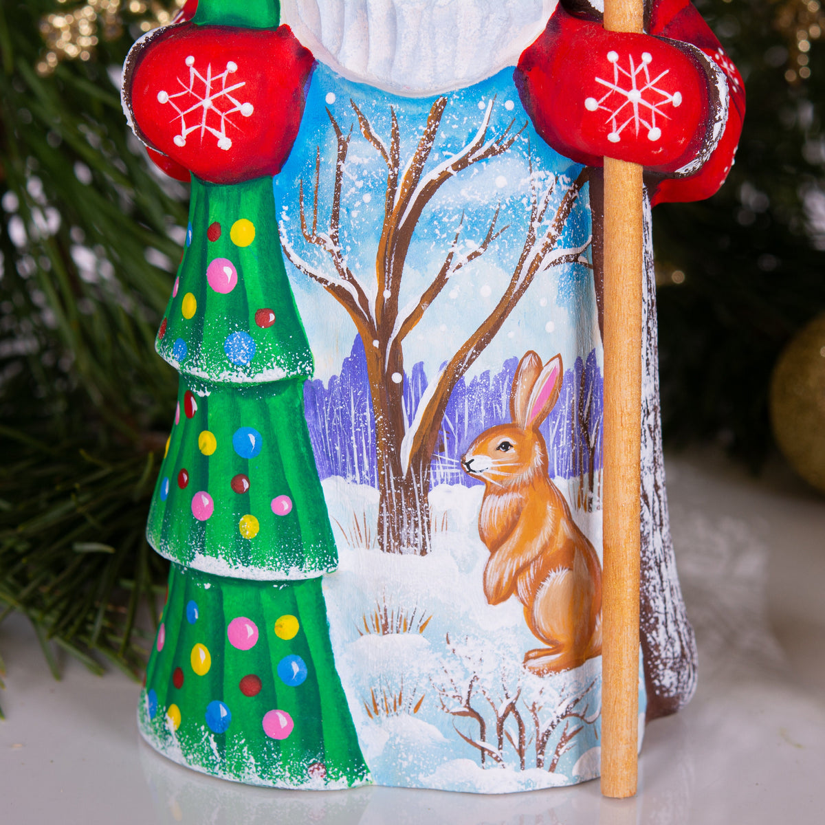 Hand carved Santa wooden figurine 8.3 inch, winter rabbit scene, Christmas mantel decor