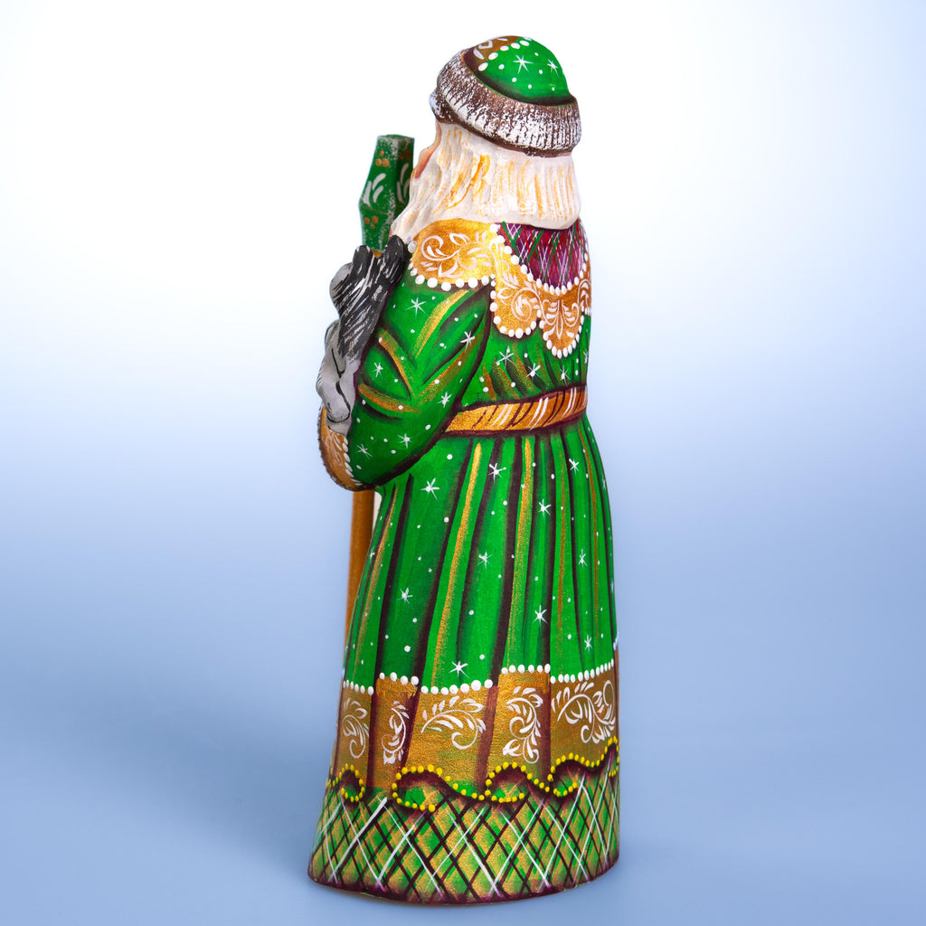 Kris Kringle wooden figurine 9 inch, green coat, cat lover gift