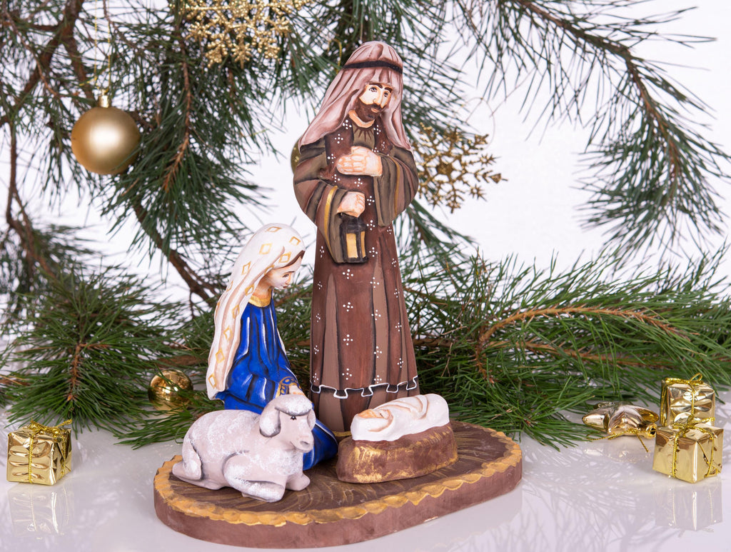 Hand carved Nativity figurine 9.4 inch, Holy Family manger scene