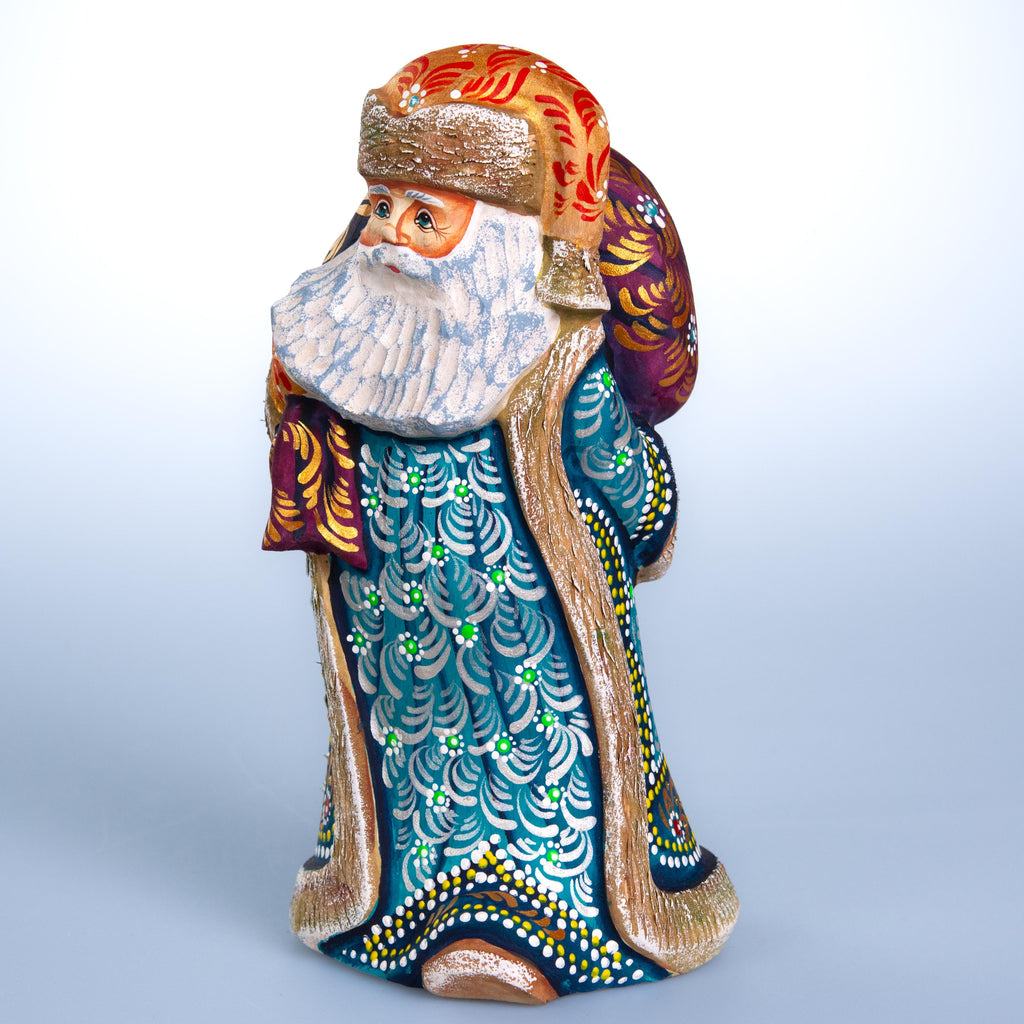 Old World Santa wooden figurine 9 inch, teal coat, shelf decor