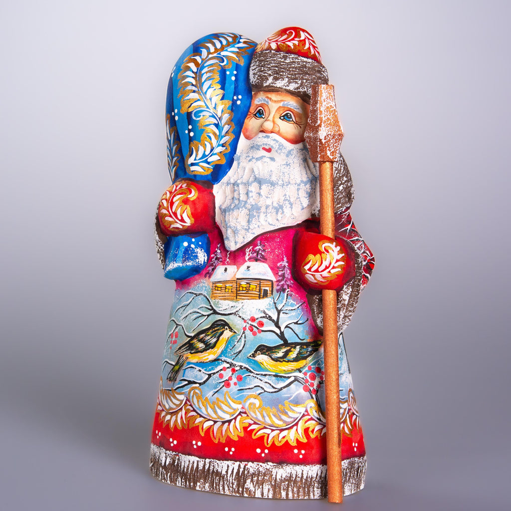 Hand painted Santa wooden figurine 8 inch, village snow scene with birds, shelf decor