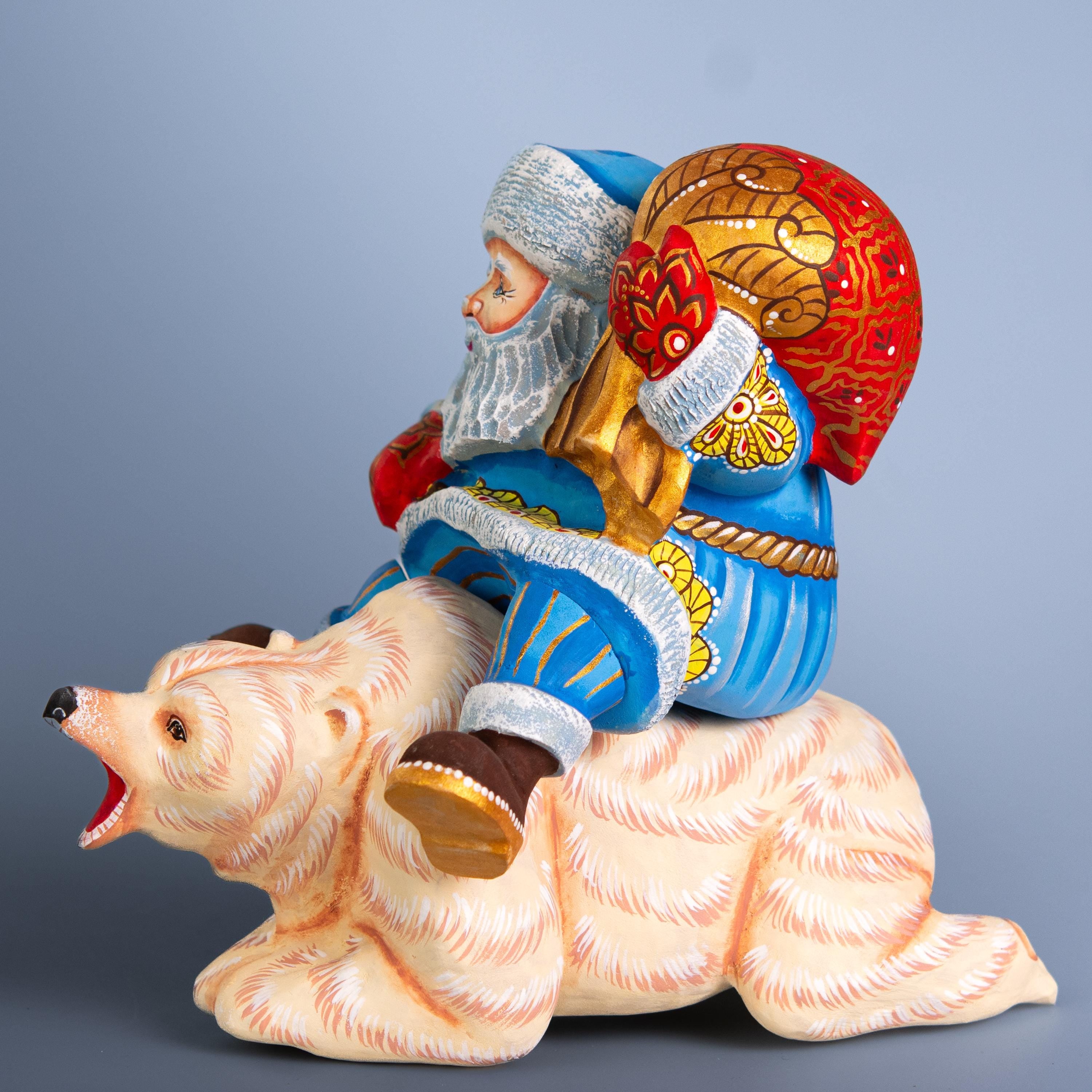 Arctic Santa wooden figurine 8 inch, polar bear ride, Christmas centerpiece