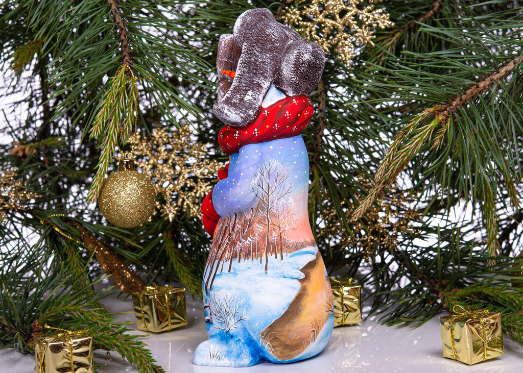 Hand carved snowman wooden figurine 9.1 inch, broom, winter village scene
