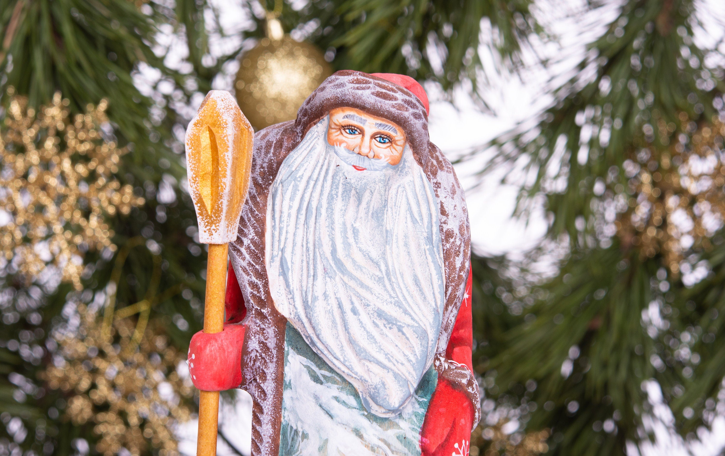 Hand Carved Santa Figurine 9 inch: Girl with Rabbit, Wooden Christmas Decoration