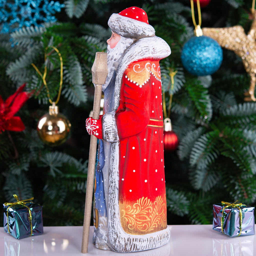 Collectible wooden Santa figurine 9 inch, nostalgic kids winter scene, mantel Christmas decor