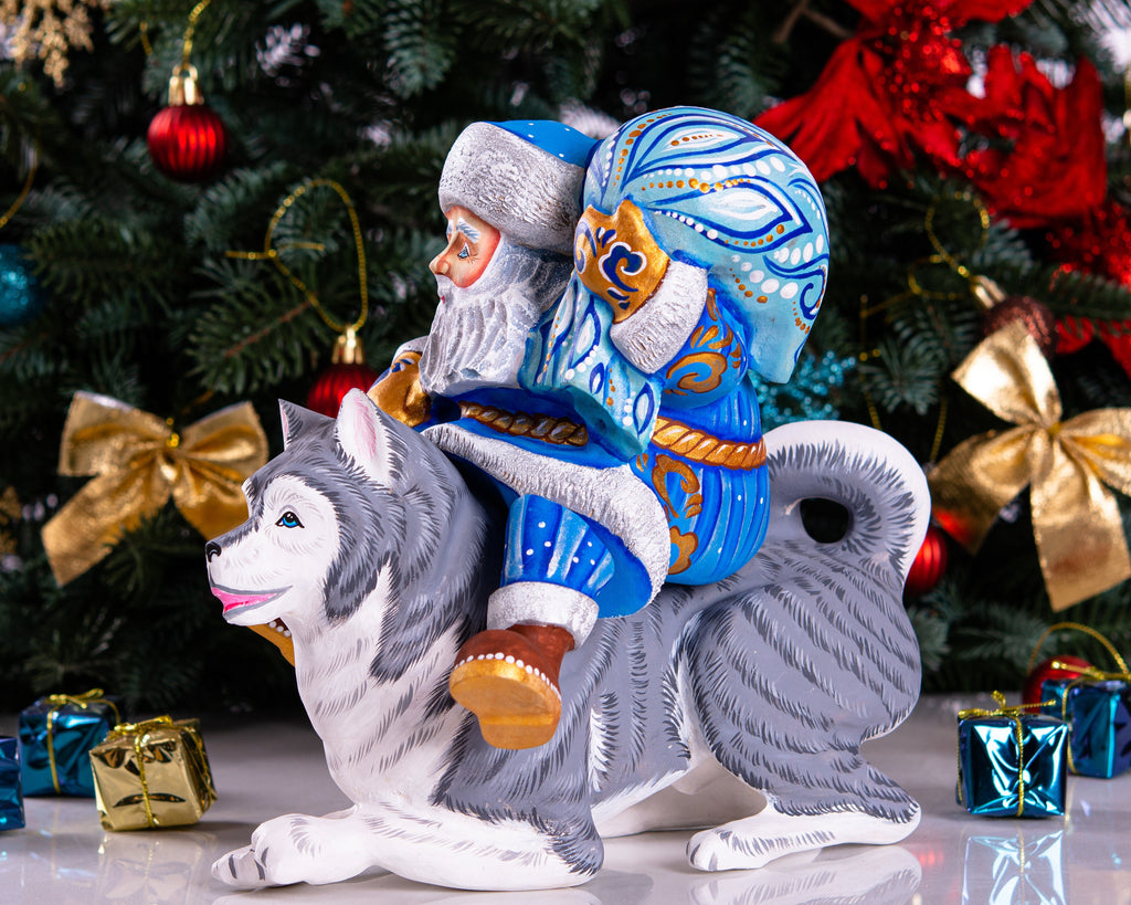 Hand carved Santa riding husky dog wood carving 9 inch, rustic holiday centerpiece