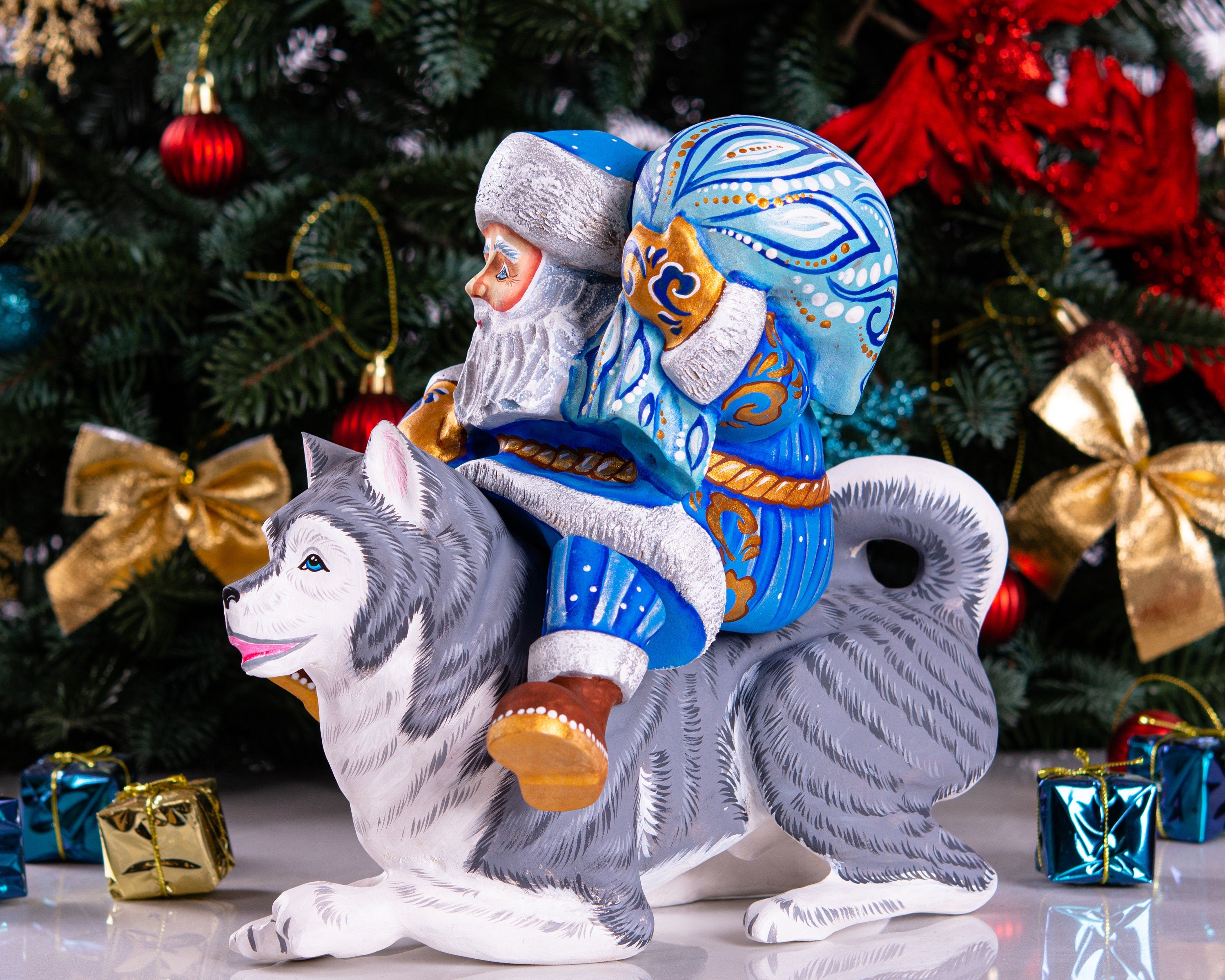 Hand carved Santa riding husky dog wood carving 9 inch, rustic holiday centerpiece
