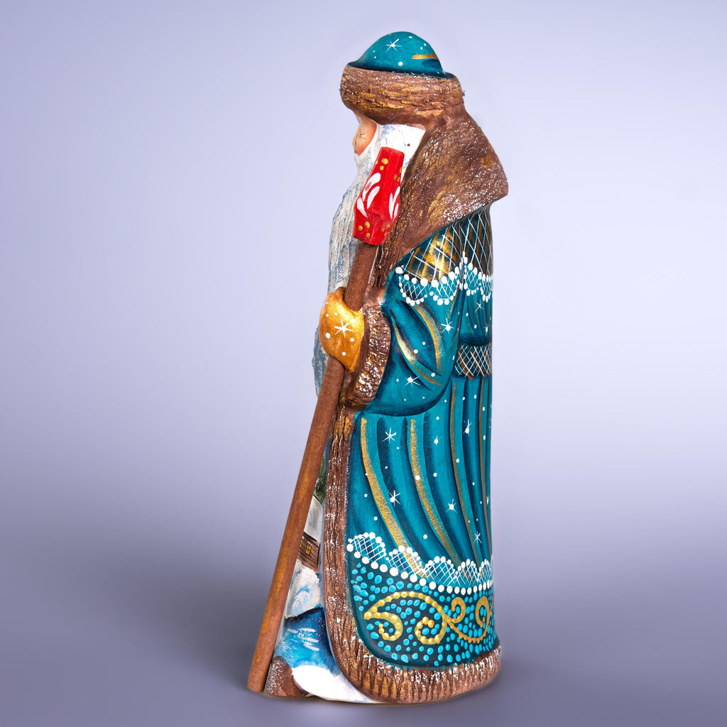 Hand Carved Santa Claus Figurine: Blue & Gold Winter Village Scene