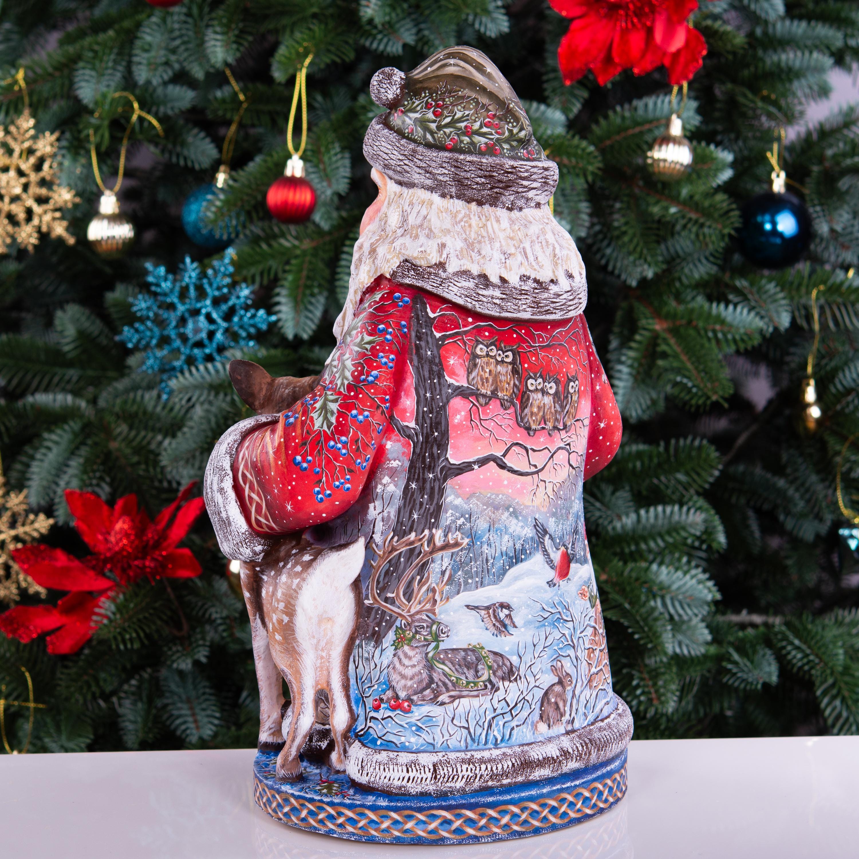 Hand carved Santa 14 inch solid wood statue, woodland animal scene
