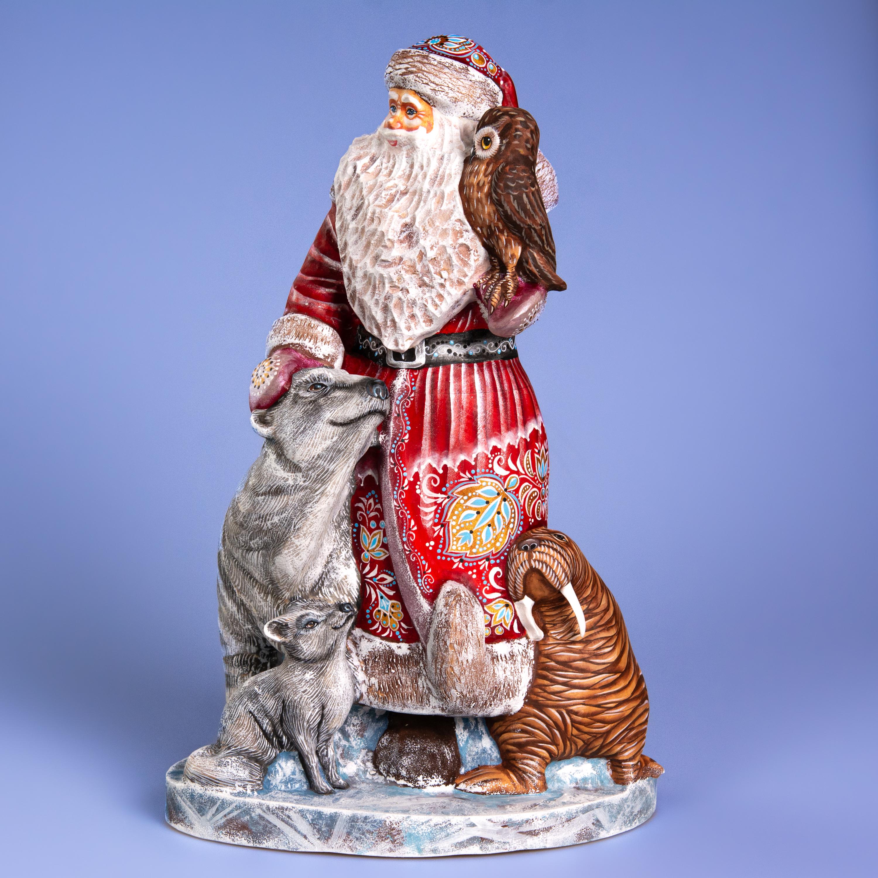 Hand Carved Wooden Santa Figurine 13.8 inch, Arctic Animals, Polar Bear, Walrus, Owl