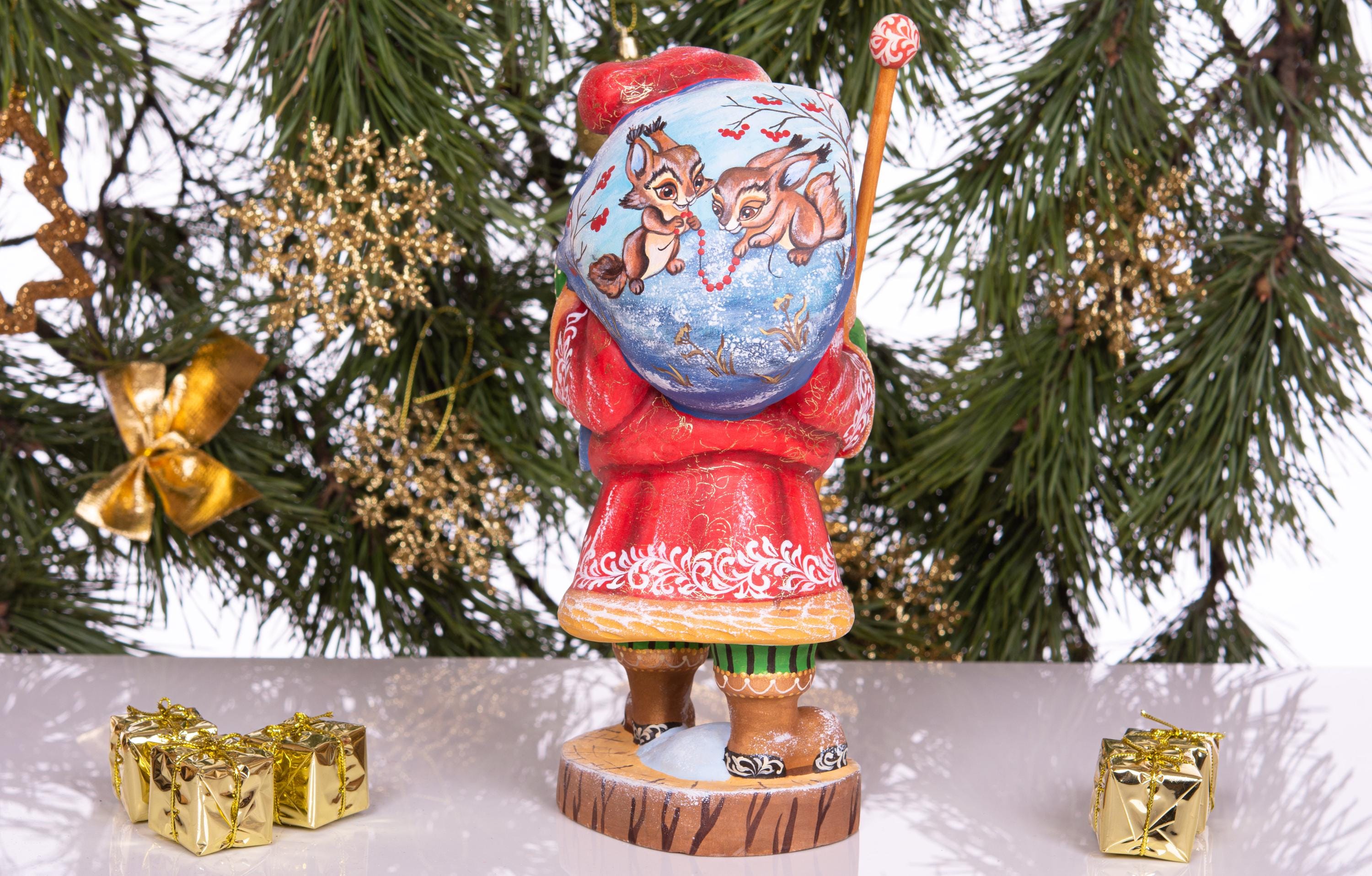 Woodland Santa wooden figurine 10 inch, squirrels with berries, Christmas mantel decor
