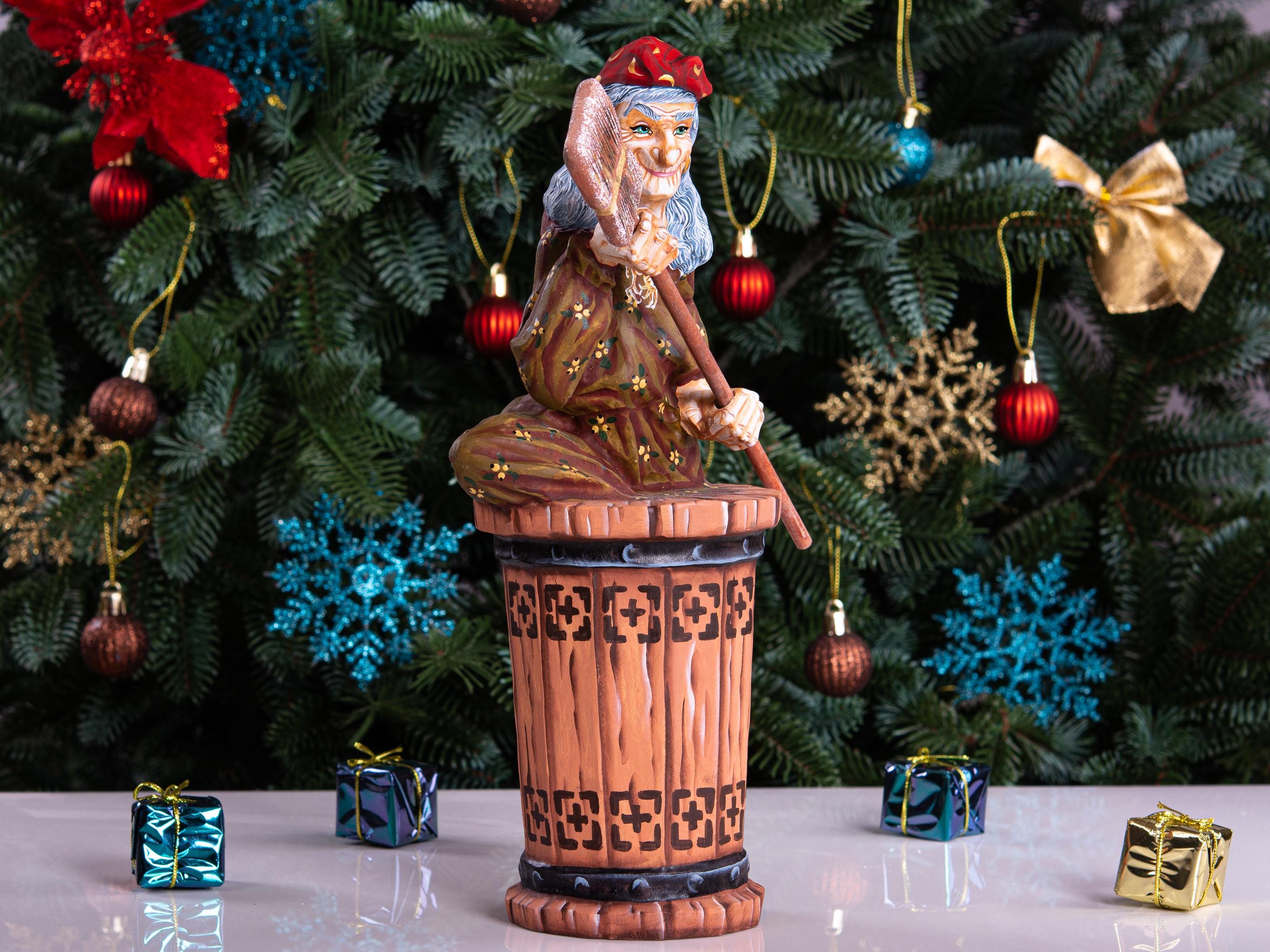 Hand carved Baba Yaga wood statue 11 inch, Slavic witch in mortar, shelf display