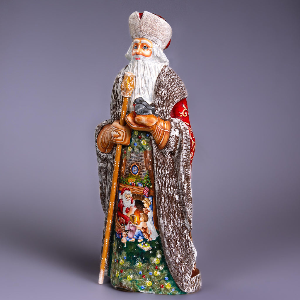 Hand carved wooden Santa statue 13 inch, fireplace scene collectible