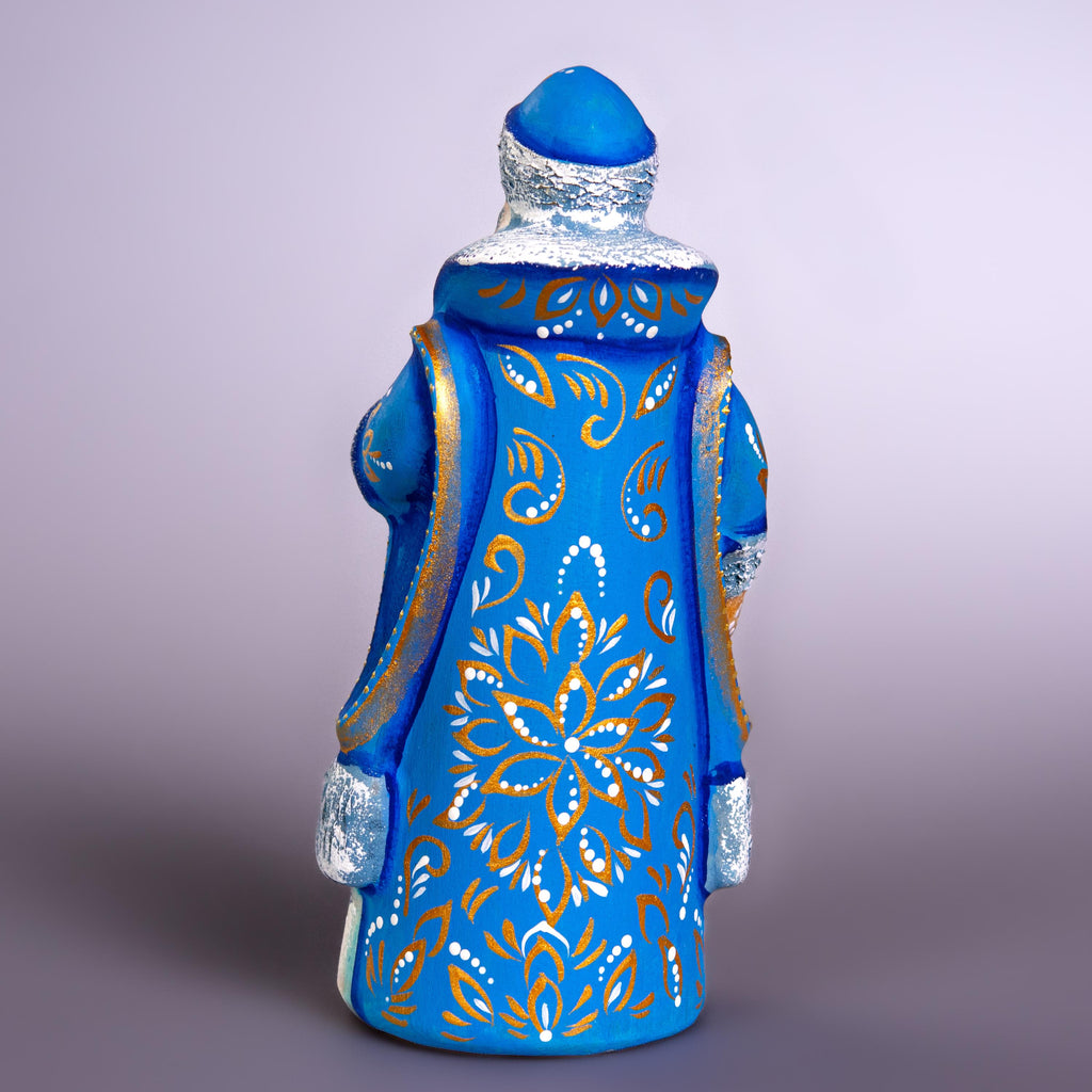 Hand Carved Wooden Santa Figurine 7", Blue Coat, Lantern, Old World